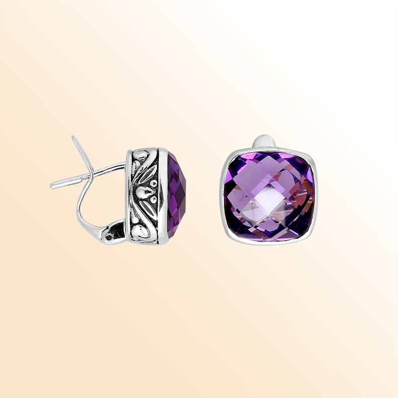 Elegant sterling silver cushion-cut Amethyst Quartz earrings with artistic side detailing, Omega clip lock, and mirror-polished shine for sophisticated modern jewelry lovers.