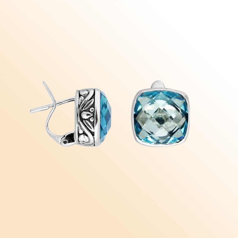 Elegant sterling silver cushion-cut Blue Topaz Quartz earrings featuring artistic detailing, Omega clip lock, and high-polished finish, perfect for sophisticated modern jewelry lovers.