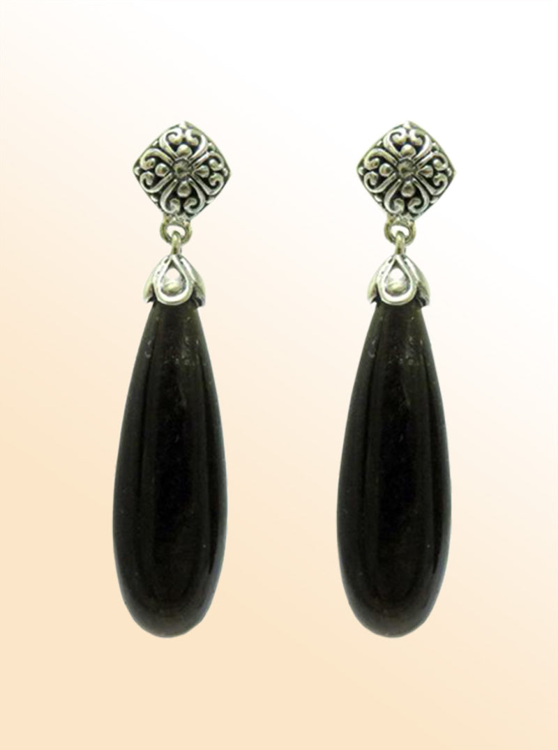 Sterling silver earrings featuring sleek Black Obsidian teardrops paired with ornate Bali-inspired tops, creating an expressive and elegant accessory for modern everyday styling.