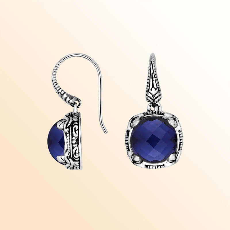 Sterling silver Sapphire round cushion earwire earrings with handcrafted ornate silver frame, antique-polished finish, rich blue stone accents, and elegant earwire hooks designed for refined everyday and special occasion wear.