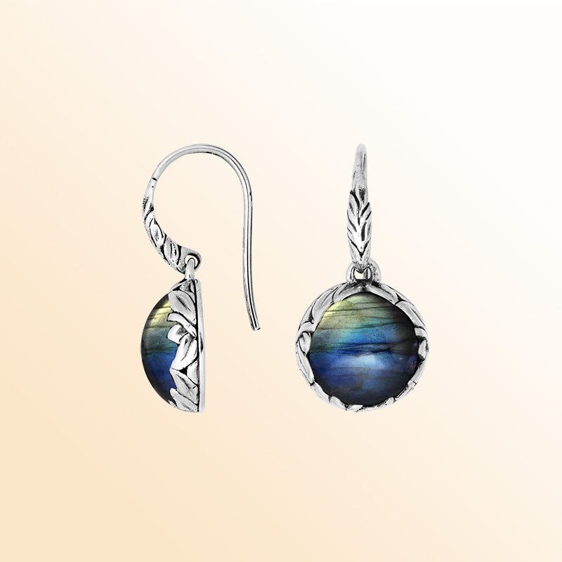 Sterling silver round earrings with Labradorite and detailed oxidized silver craftsmanship.