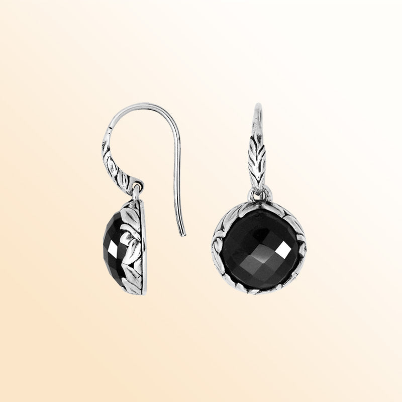 Sterling silver round earrings with Black Onyx and detailed oxidized silver craftsmanship.