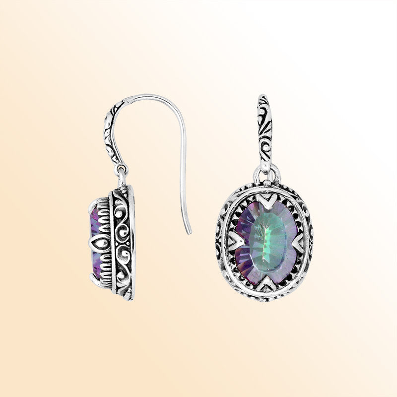 Sterling silver oval earrings with Mystic Quartz and intricate oxidized silver craftsmanship.