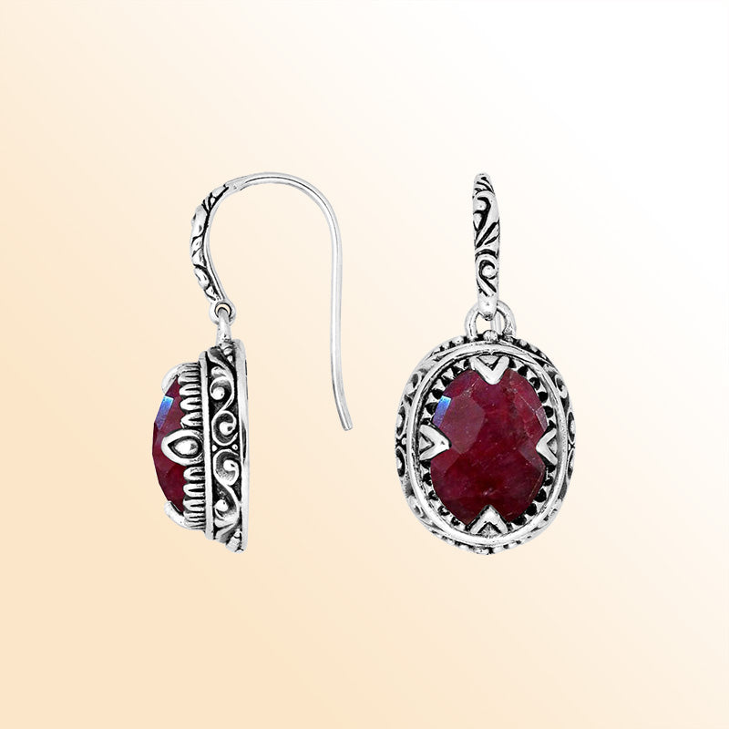 Sterling silver oval earrings with Ruby and intricate oxidized silver craftsmanship.