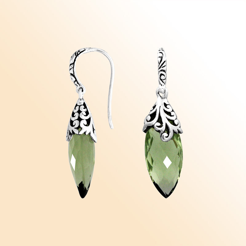 Elegant Sterling Silver Marquise Earrings With Warm Green Amethyst Quartz And Ornate Scroll-Pattern Crowns