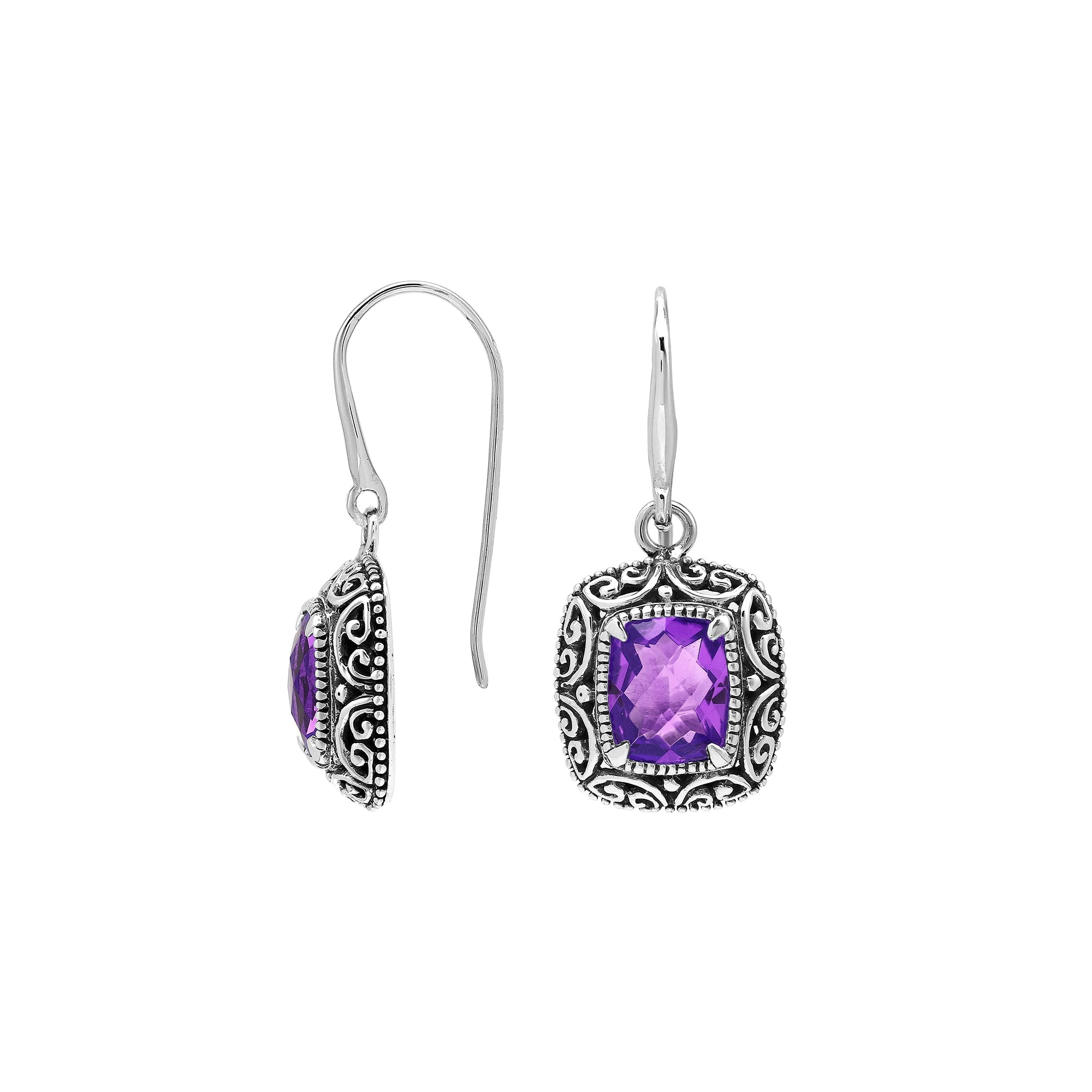 Elegant Sterling Silver Cushion Amethyst Quartz Earrings With Ornate Balinese Scroll Framing