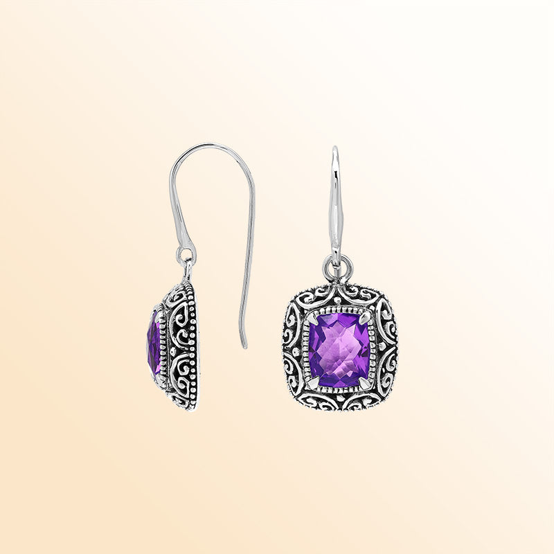 Elegant Sterling Silver Cushion Amethyst Quartz Earrings With Ornate Balinese Scroll Framing