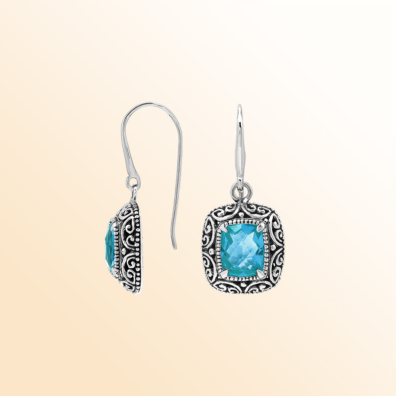 Elegant Sterling Silver Cushion Blue Topaz Quartz Earrings With Ornate Balinese Scroll Framing