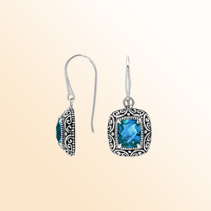 Elegant Sterling Silver Cushion London Blue Topaz Quartz Earrings With Ornate Balinese Scroll Framing
