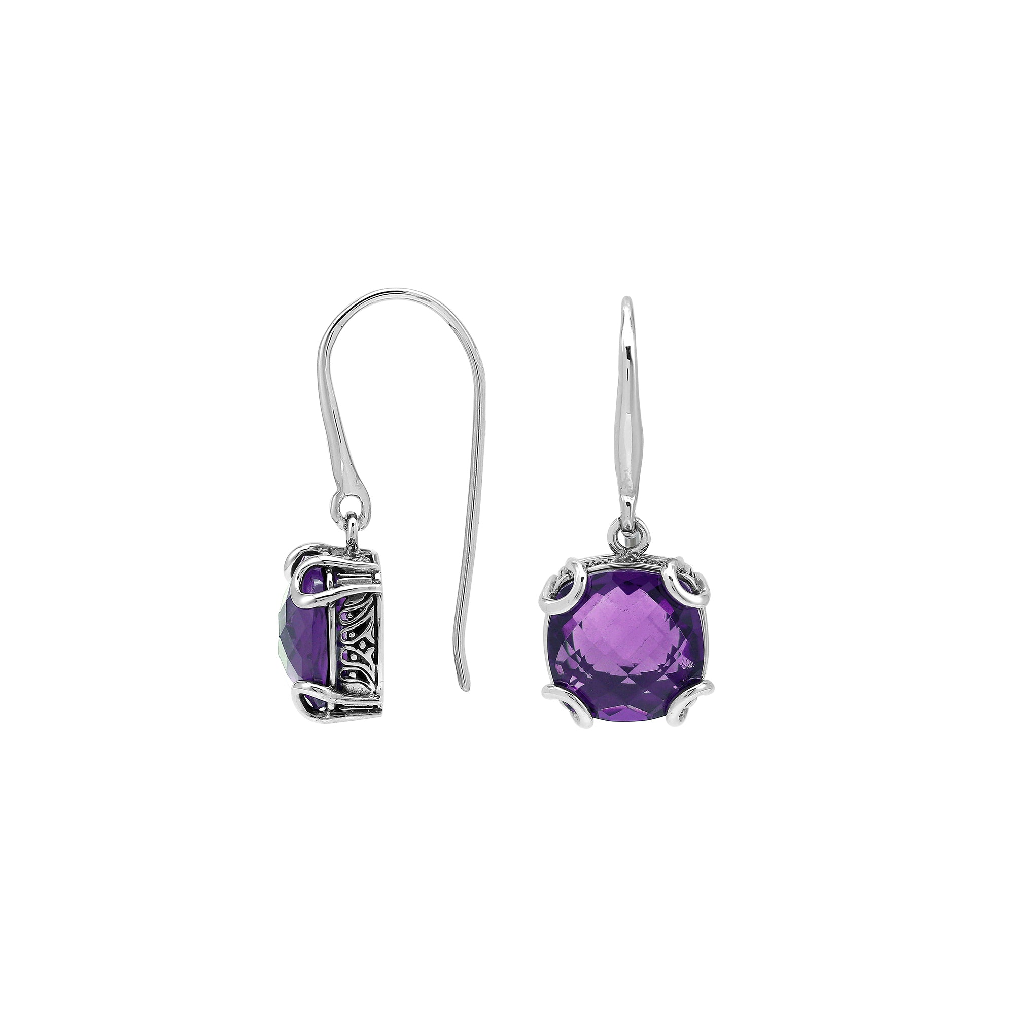 Elegant Sterling Silver Round Amethyst Quartz Earrings With Artistic Scroll Prongs And Engraved Sides