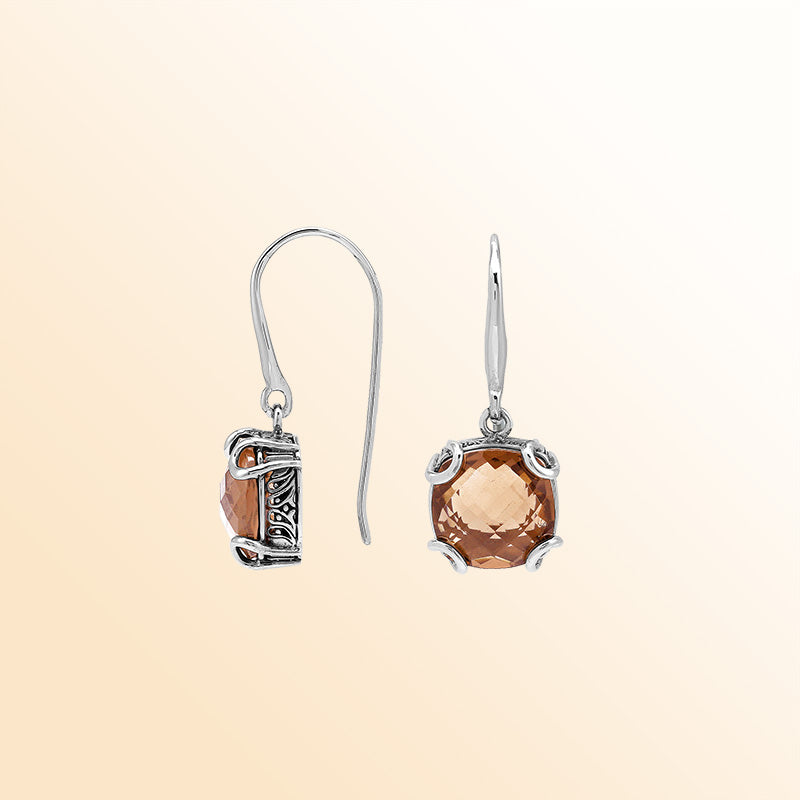 Elegant Sterling Silver Round Morganite Quartz Earrings With Artistic Scroll Prongs And Engraved Sides