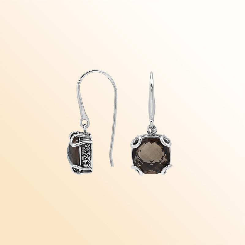 Elegant Sterling Silver Round Smokey Quartz Earrings With Artistic Scroll Prongs And Engraved Sides