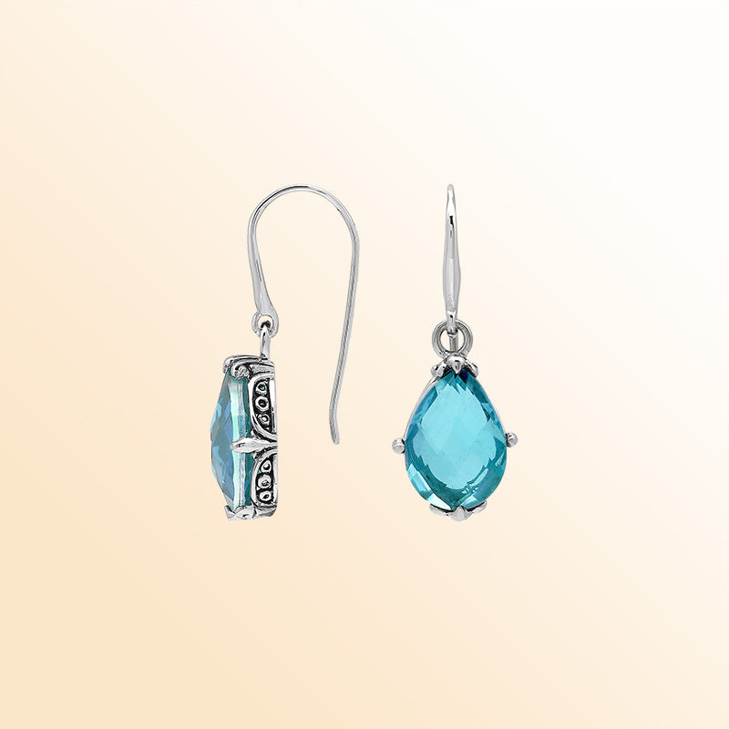 Sterling Silver Blue Topaz Quartz Teardrop Ocean Glow Earrings With Balinese Handcrafted Detailing.