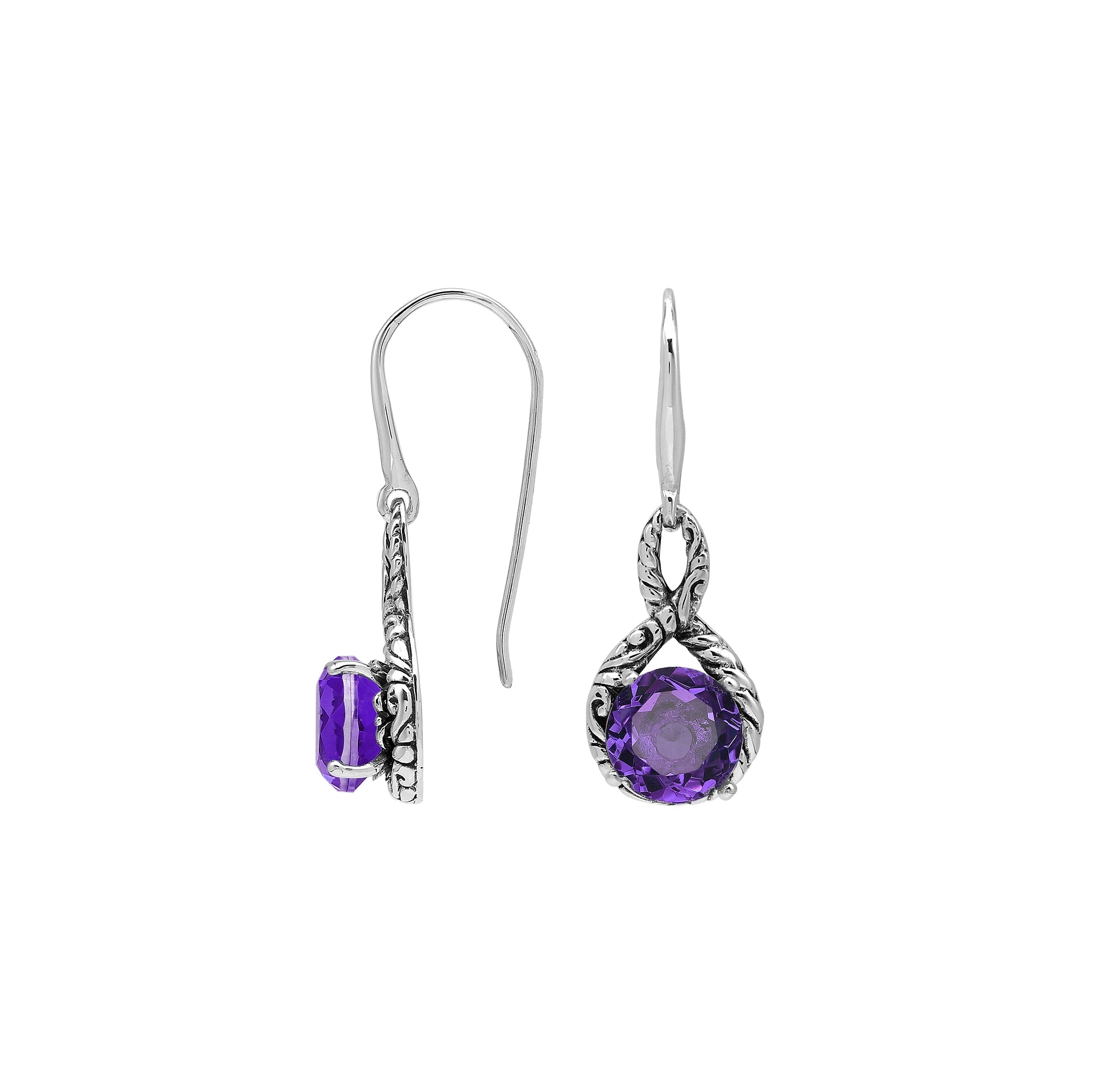 Sterling Silver Amethyst Quartz Round Infinity Harmony Earrings With Balinese Handcrafted Detailing.