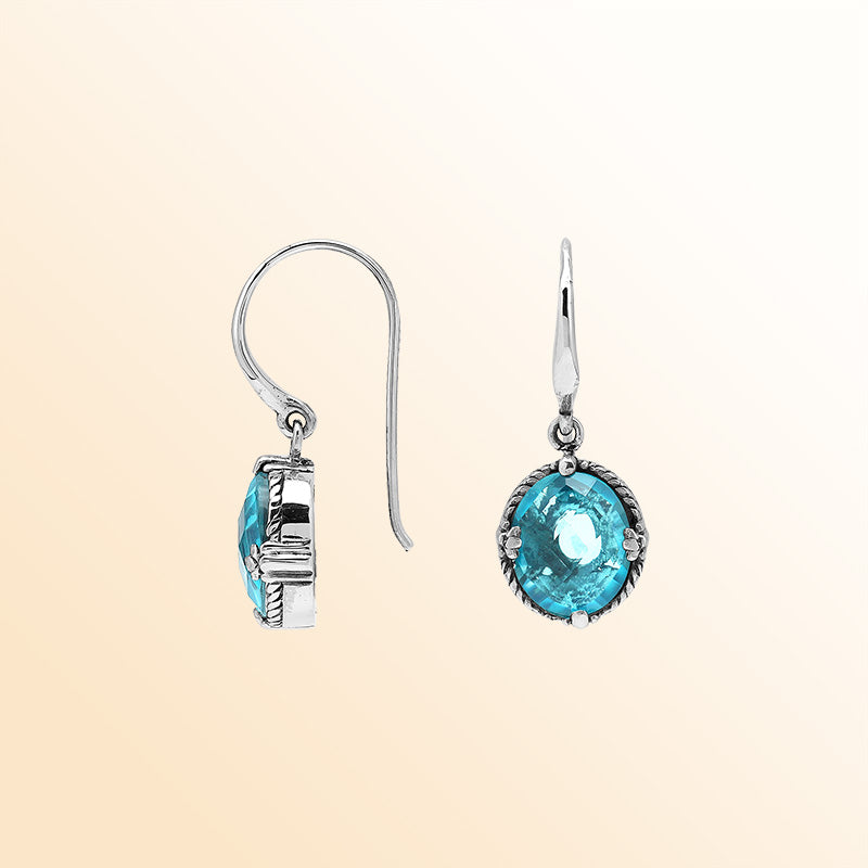 Sterling Silver Blue Topaz Quartz Oval Ocean Radiance Earrings With Balinese Handcrafted Detailing.