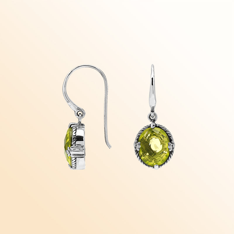 Sterling Silver Lemon Quartz Oval Sunlit Glow Earrings With Balinese Handcrafted Detailing.