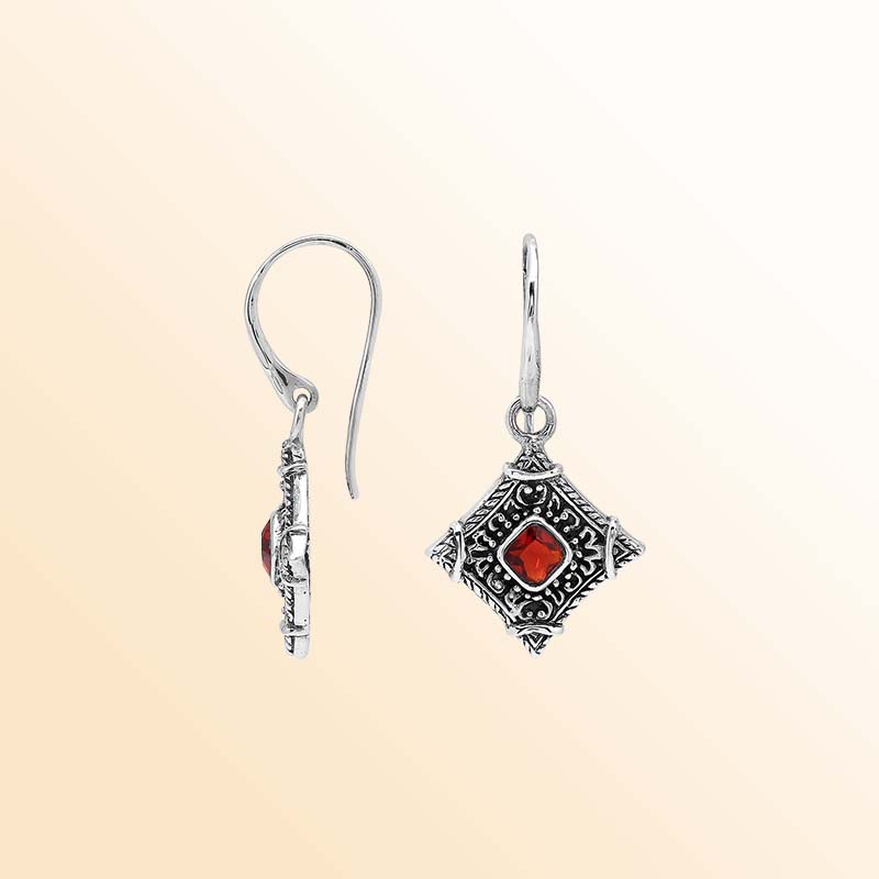 Handcrafted sterling silver Garnet Quartz earrings with decorative Balinese filigree details