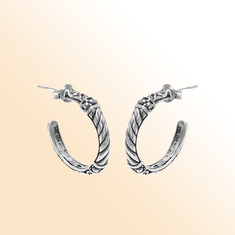 Sterling Silver Twisted Rope Half-Hoop Earrings With Oxidized Balinese Detailing