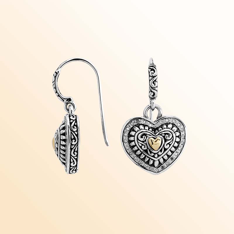 Handcrafted Sterling Silver With 18K Gold Heart Heritage Earrings With Diamond Highlights And Scroll Detailing