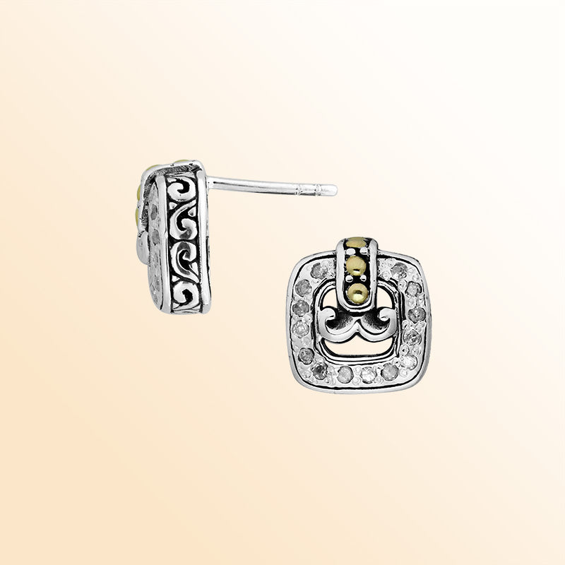 Handcrafted Sterling Silver With 18K Gold Square Heritage Stud Earrings With Scroll Design And Diamond Highlights