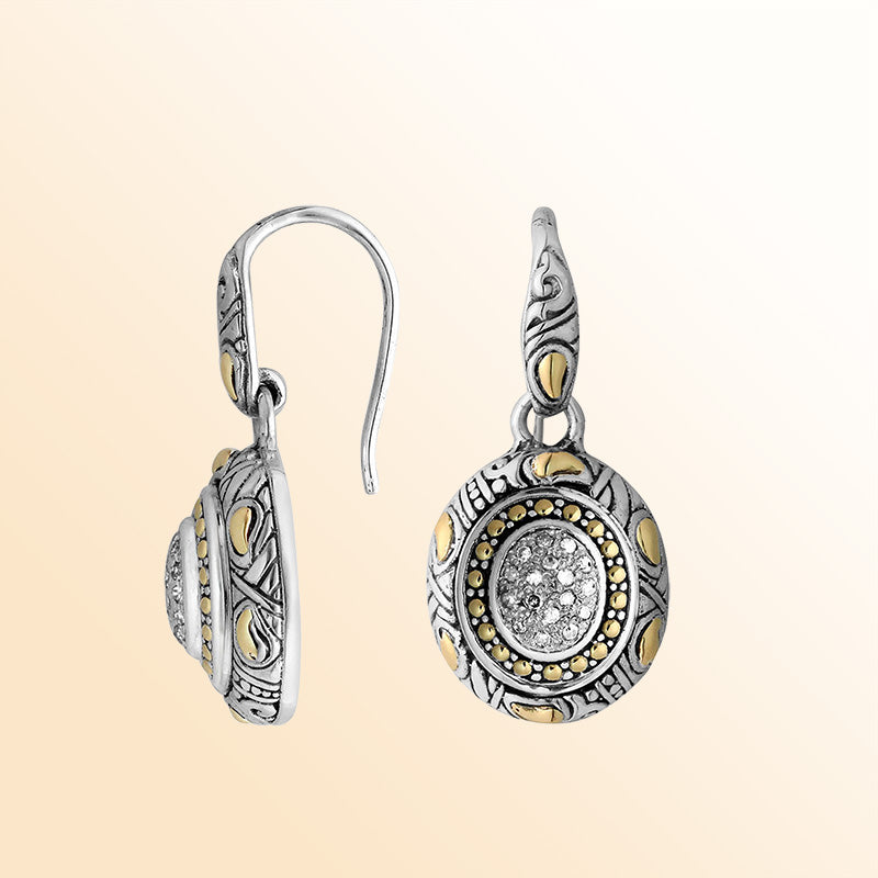 Handcrafted Sterling Silver With 18K Gold Round Heritage Earrings With Diamond Center And Beaded Detailing