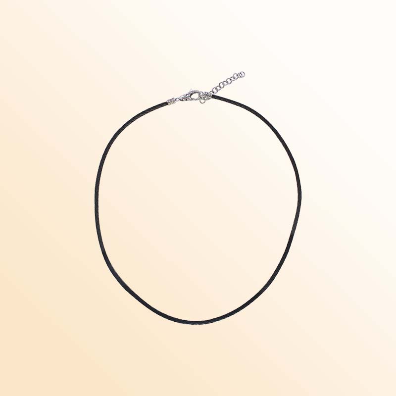 Adjustable black leather cord necklace with sterling silver clasp and extension chain.