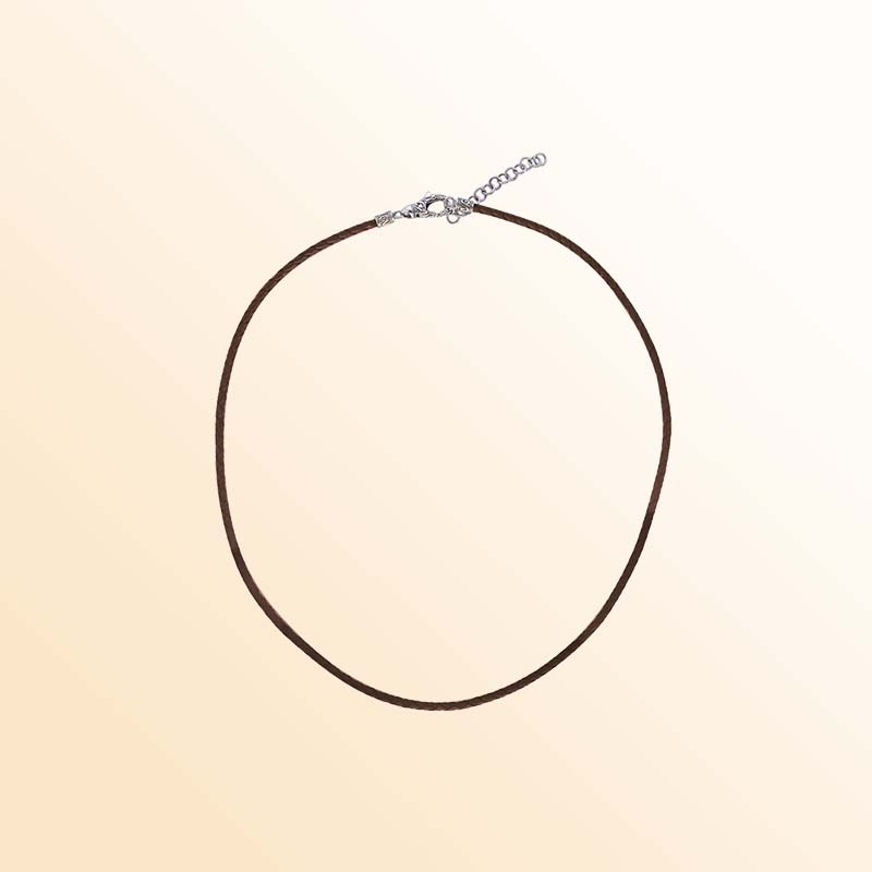 Adjustable brown leather cord necklace with sterling silver clasp and extension chain.