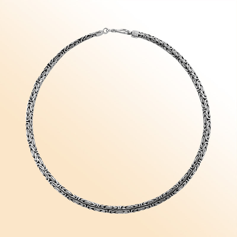 Handcrafted sterling silver woven chain necklace with oxidized-polished finish and artisan clasp, made in Bali.