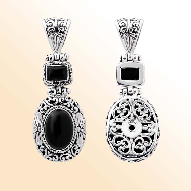 Sterling silver Black Onyx pendant with oval and square Onyx, detailed Bali filigree silverwork and oxidized finish, handcrafted artisan jewelry for women.