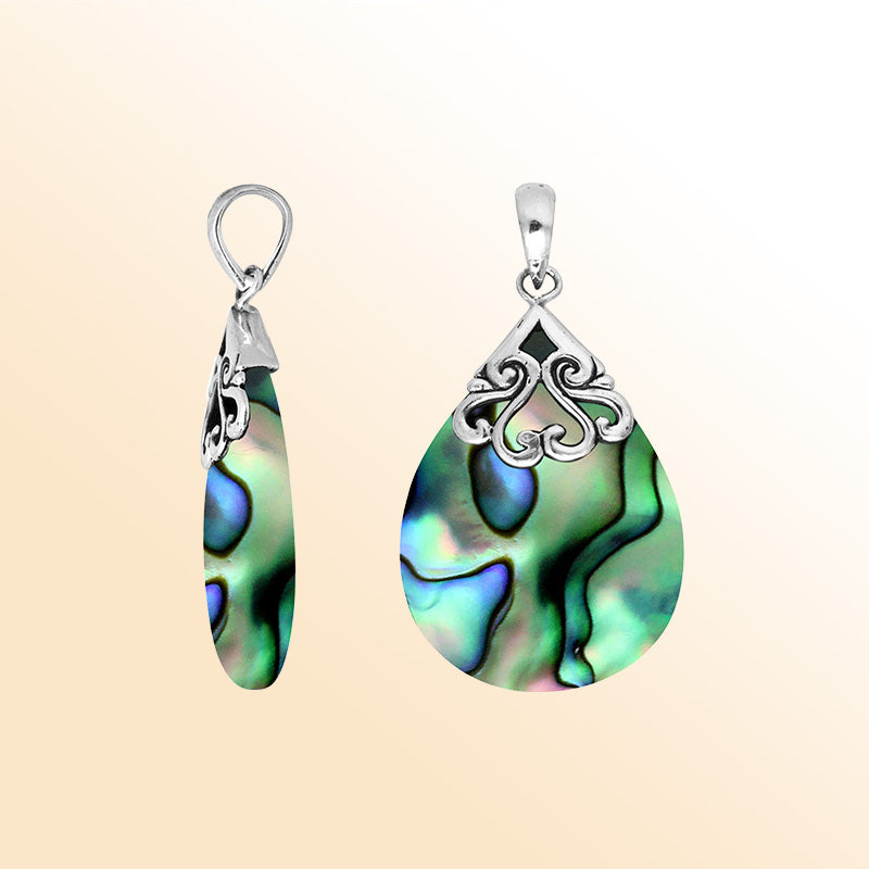 Sterling silver teardrop pendant with natural Abalone Shell – handcrafted Bali jewelry with iridescent ocean-inspired colors