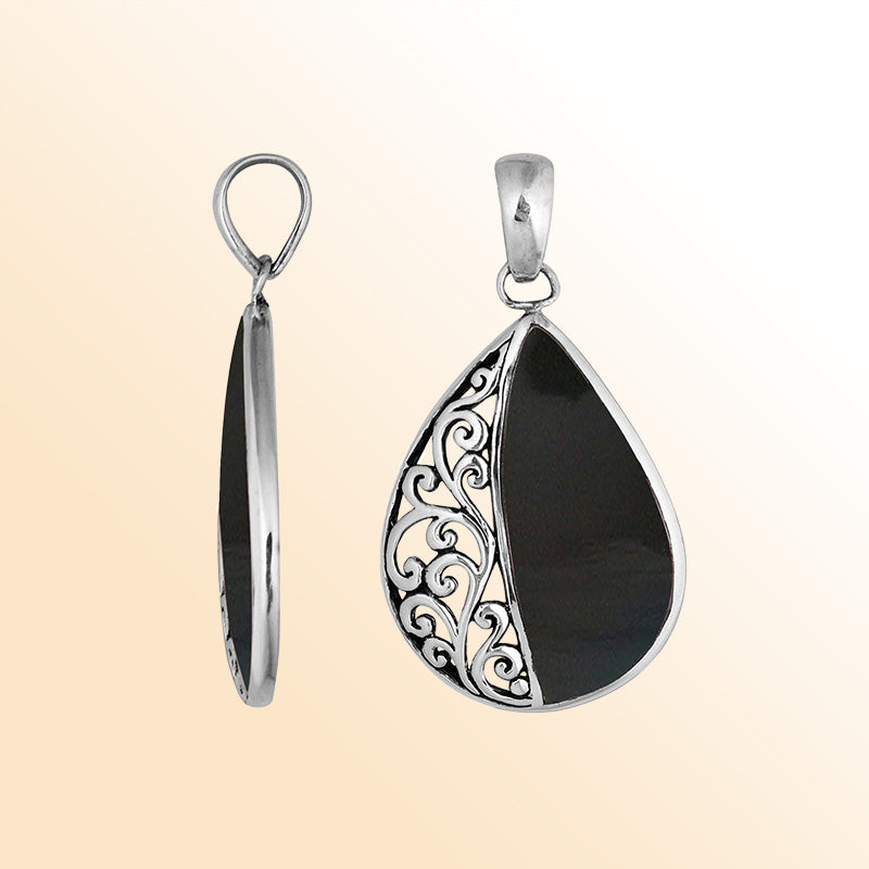 Sterling silver teardrop pendant with natural Black Shell – handcrafted Bali jewelry with elegant filigree, a bold and timeless gift