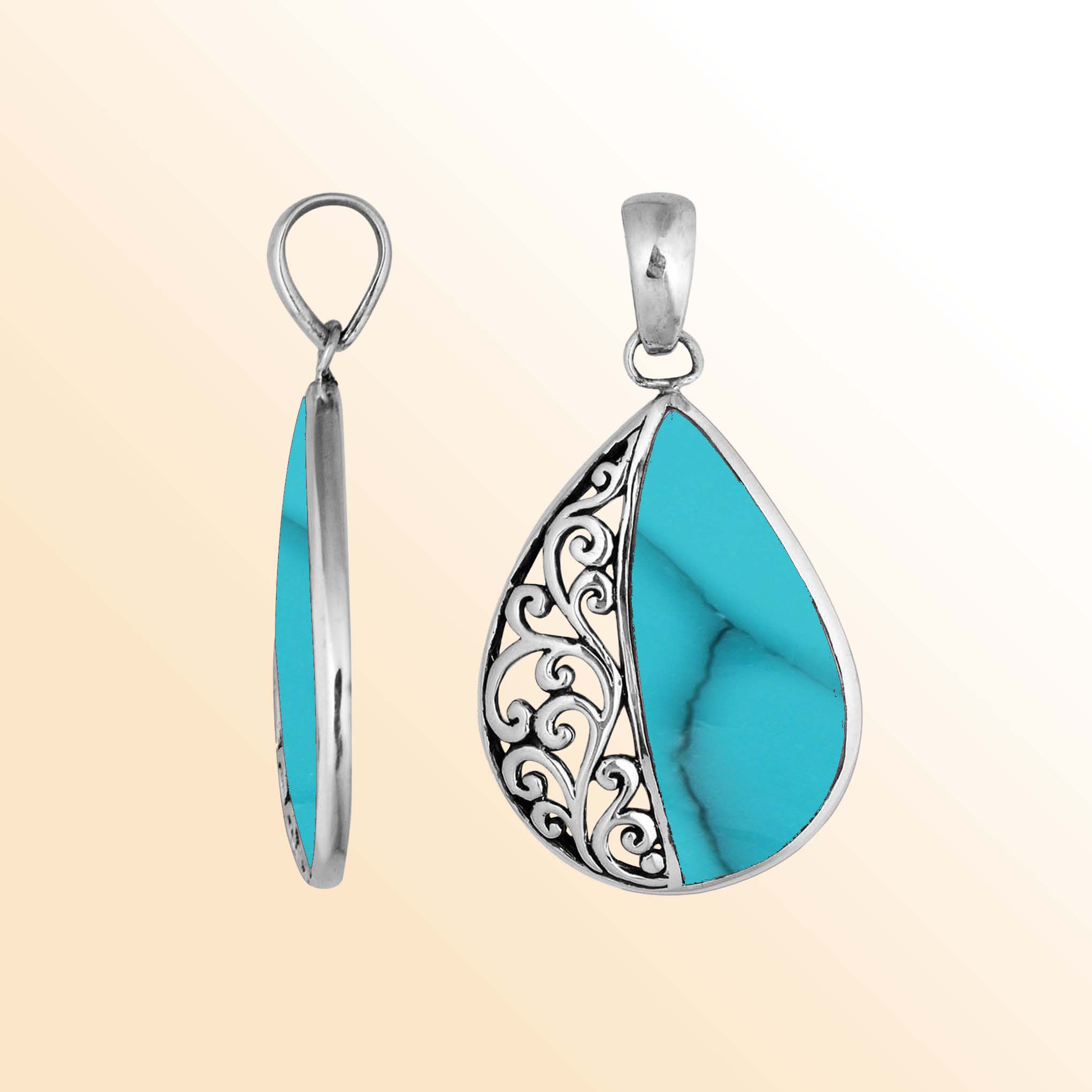 Wholesale sterling silver teardrop pendant with natural Turquoise, handcrafted Bali filigree 925 silver jewelry for bulk orders