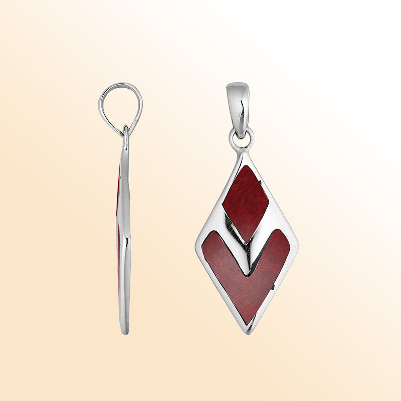 Sterling silver diamond-shaped pendant with vibrant Red Coral inlay – handcrafted Bali jewelry, a bold and meaningful gift