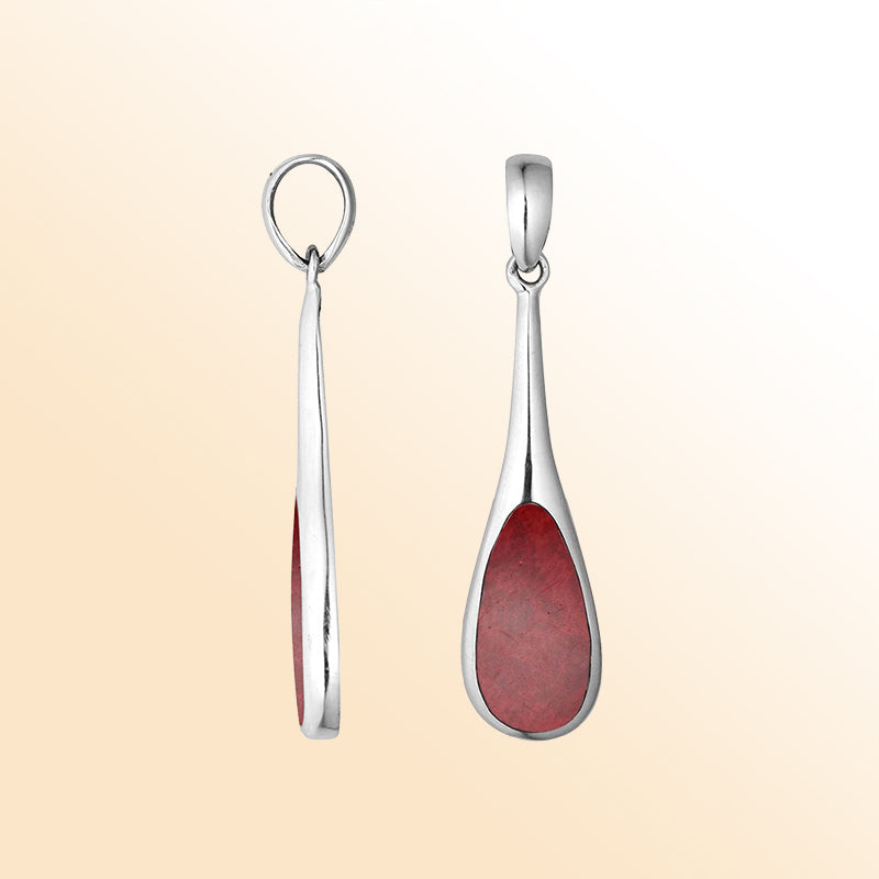 Sterling silver teardrop pendant with vibrant Red Coral inlay – handcrafted Bali jewelry, a bold and meaningful gift