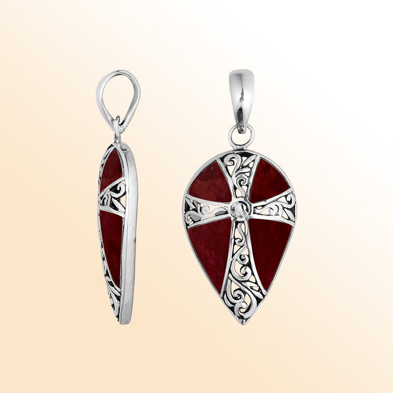 Sterling silver teardrop cross pendant with vibrant red coral inlay – handcrafted Bali jewelry, a meaningful gift