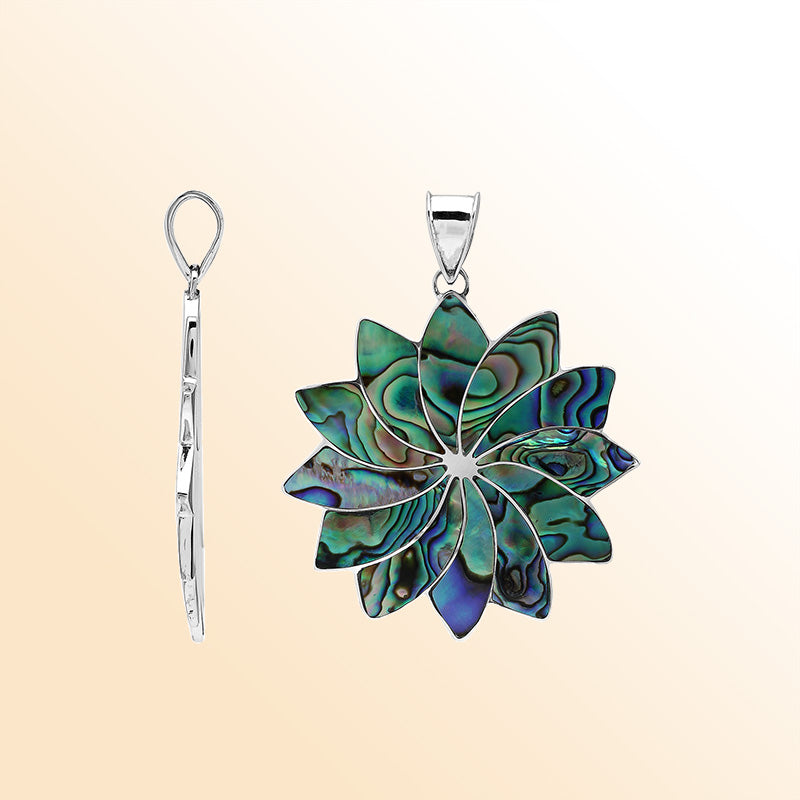 Handmade sterling silver flower pendant with vibrant Abalone Shell petals, artisan Bali jewelry for unisex.