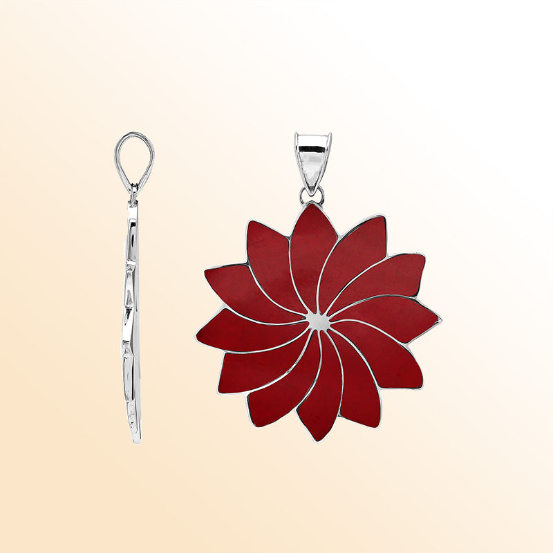 Handmade sterling silver flower pendant with vibrant red coral petals, artisan Bali jewelry for unisex.