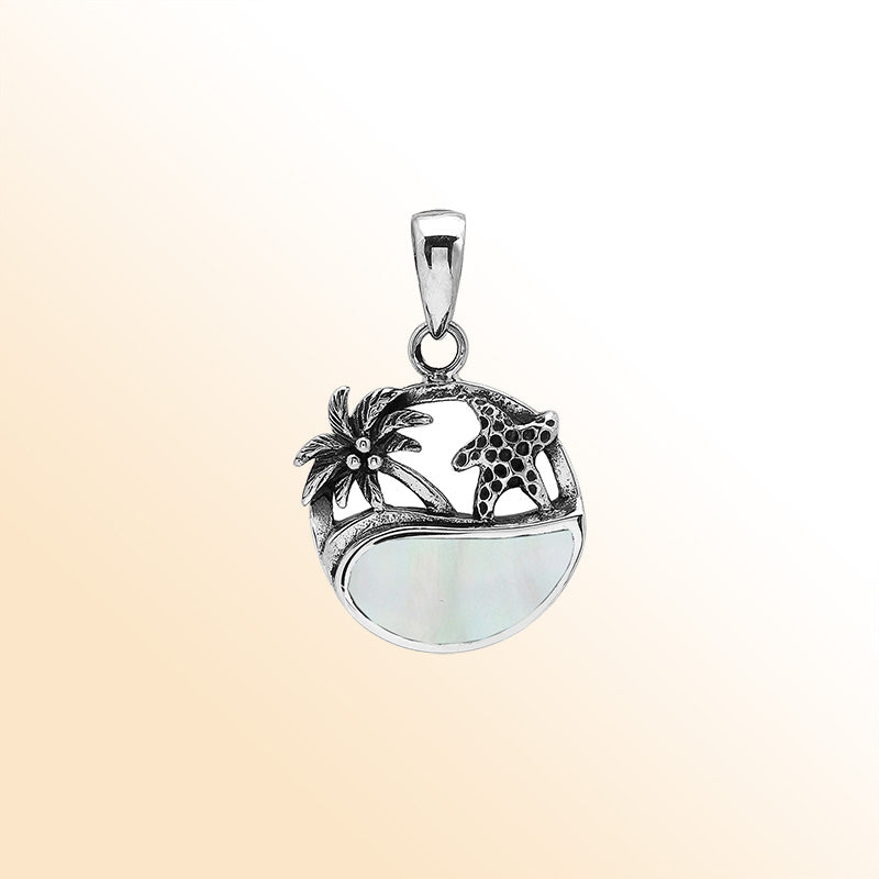 Mother of Pearl sterling silver pendant with palm tree and starfish – tropical handcrafted Bali jewelry.