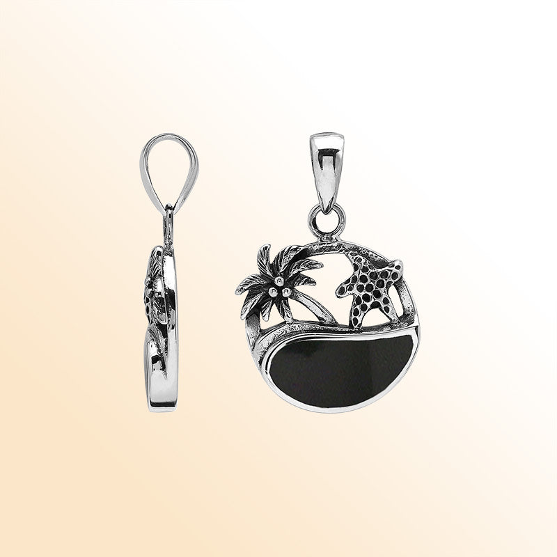 Black shell sterling silver pendant with palm tree and starfish – tropical handcrafted Bali jewelry.
