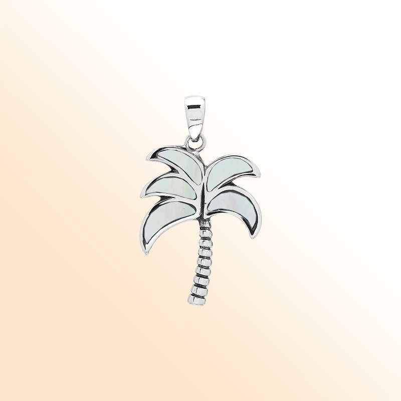Shimmering palm tree pendant in sterling silver with Mother of Pearl inlay and textured trunk, artisan-crafted for elegant tropical style.