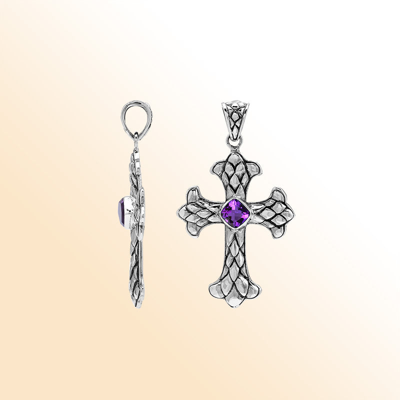 Amethyst Quartz cross pendant in sterling silver with handcrafted Balinese silverwork, spiritual artisan jewelry.