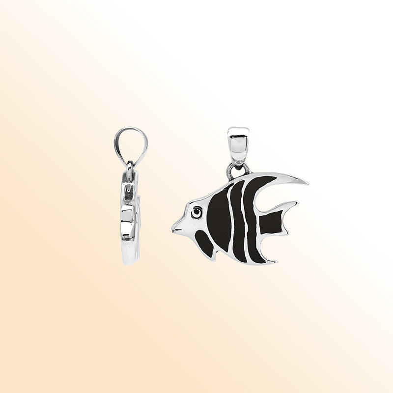 Handcrafted sterling silver fish pendant with Black Shell inlay and Balinese carvings – retail jewelry