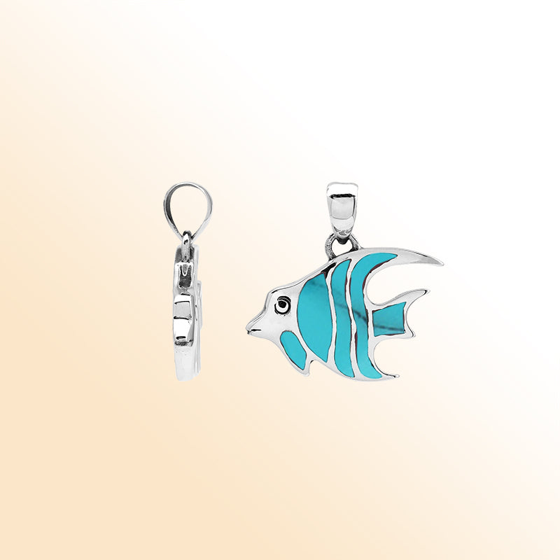 Handcrafted sterling silver fish pendant with Turquoise Shell inlay and Balinese carvings – retail jewelry