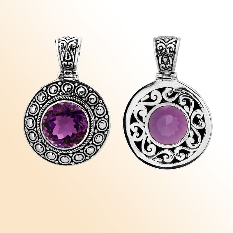 Artisan sterling silver pendant with round faceted Amethyst Quartz and ornate Bali-style filigree design.