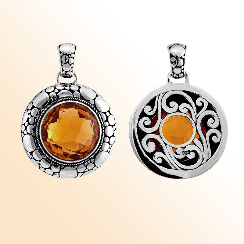 Artisan sterling silver Citrine Quartz pendant with hammered border and intricate filigree swirl design.