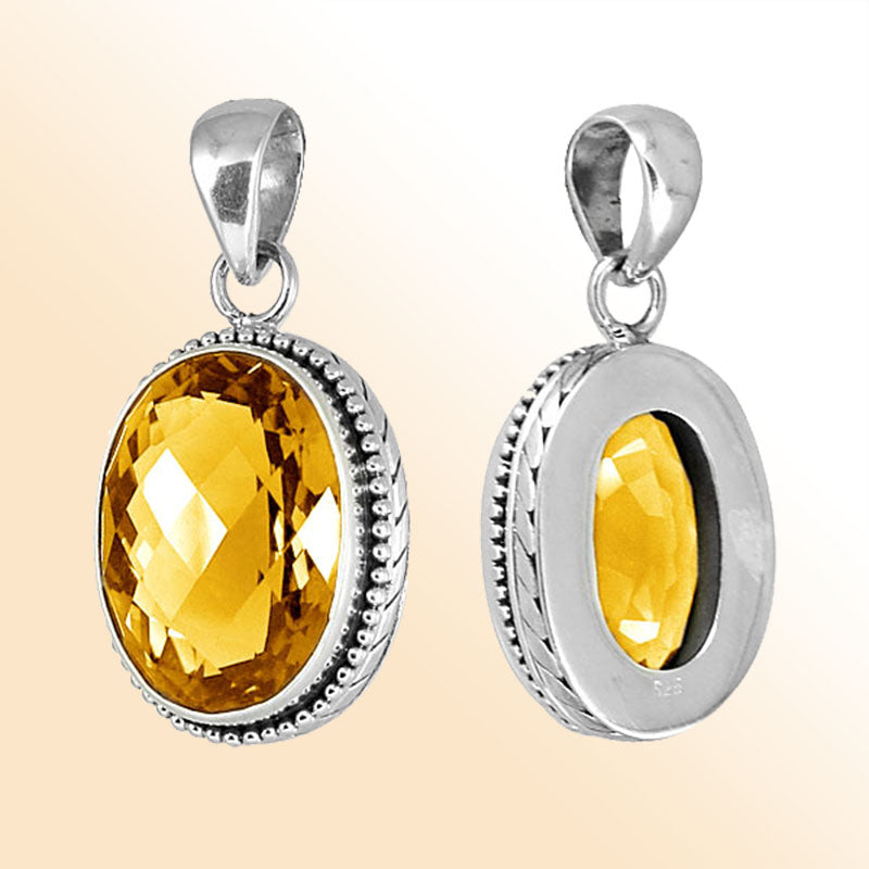 Retail handmade sterling silver citrine quartz pendant necklace with faceted oval stone, Bali artisan jewelry