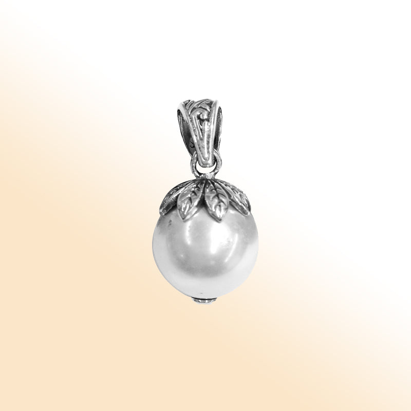 Handmade Shell Pearl round pendant in sterling silver with leaf cap design, artisan jewelry from Bali.