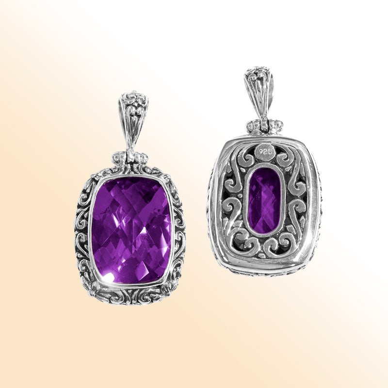 Handmade Amethyst Quartz rectangular pendant in sterling silver with Balinese scroll accents, artisan jewelry from Bali.
