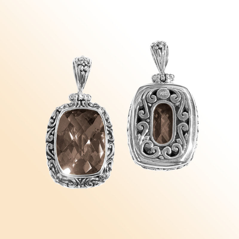 Handmade Smoky Quartz rectangular pendant in sterling silver with Balinese scroll accents, artisan jewelry from Bali.