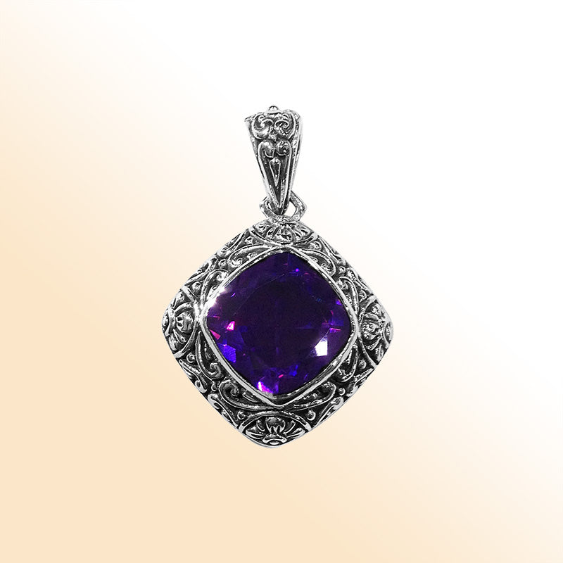 Handmade Bali silver pendant featuring cushion-cut Amethyst Quartz with oxidized finish.